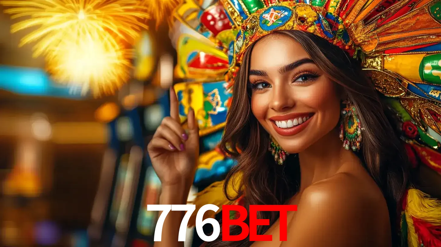 Mulher sorridente com um cocar de carnaval vibrante e colorido, celebrando uma grande vitória nos jogos do cassino 776BET com fogos de artifício ao fundo.