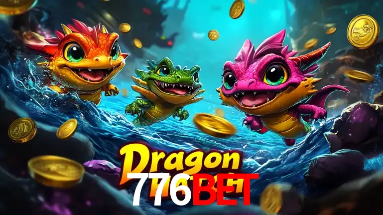 Arte promocional do jogo Dragon Hatch com três adoráveis dragões bebês nadando entre moedas de ouro, um dos slots mais divertidos para jogar no cassino 776BET.