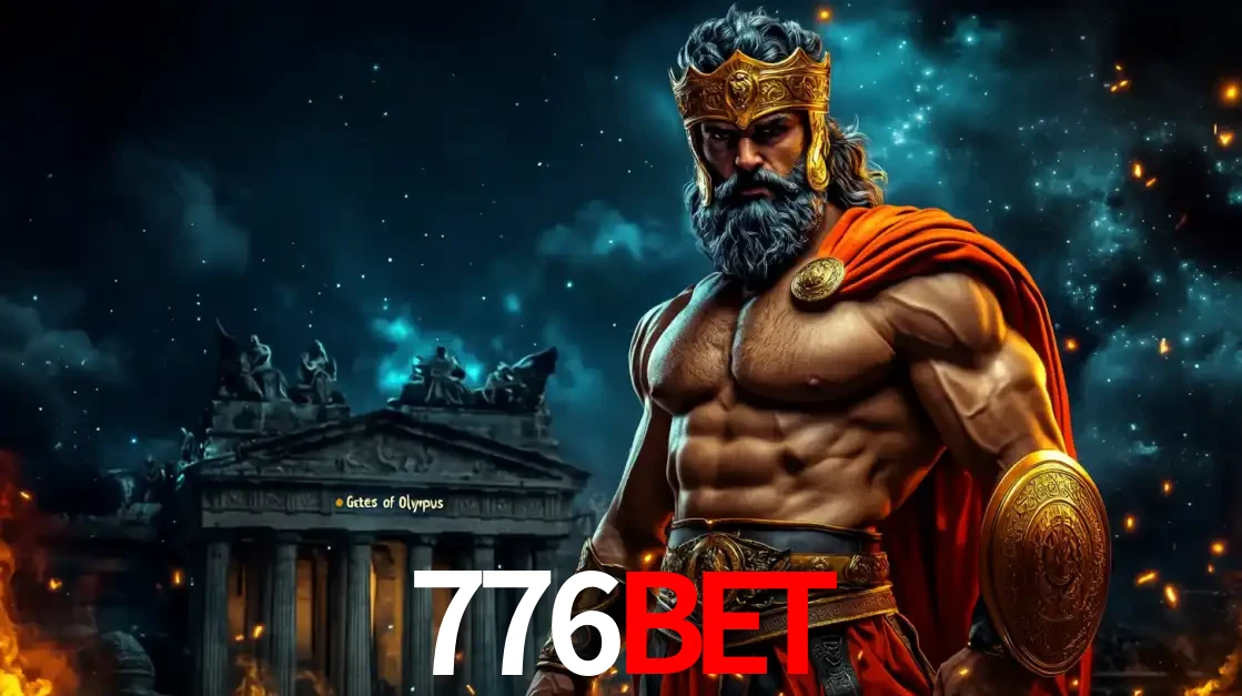 O poderoso Zeus do jogo de slot Gates of Olympus em frente ao seu templo, pronto para lançar multiplicadores divinos e prêmios épicos no cassino online 776BET.